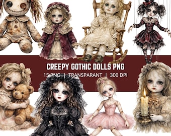 15 Gruselige Gothic Puppen PNG Bundle, Horror Puppe Clipart, Spuk Vintage Puppen PNG, Gruselige Viktorianische Puppen Kunst, Halloween Puppen PNG