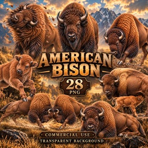 May include: A digital collection of American Bison images featuring various brown bison in a mountainous landscape. The central text reads AMERICAN BISON 28 PNG, with additional text at the bottom stating COMMERCIAL USE TRANSPARENT BACKGROUND.