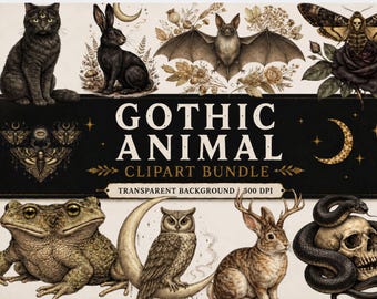 49 Gothic Animal PNG Bundle, Okkulte Tier Clipart, Dark Academia PNG, Witchy Animal Clipart, Mystisches Wald Bundle