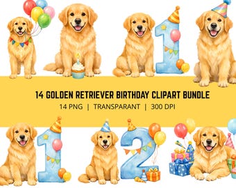 Pacchetto di clipart per compleanno di Golden Retriever, PNG di compleanno per cani, clipart per feste di cuccioli, PNG di cani carini, cane di compleanno, 14 PNG