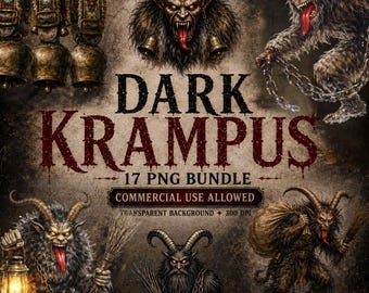 Paquete de imágenes PNG de Krampus oscuro, 17 imágenes prediseñadas de Krampus gótico, PNG de demonio navideño vintage, campanas alpinas, San Nicolás, uso comercial.