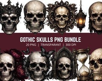 21 Gothic Schädel PNG Bundle, Dark Gothic Clipart, Schädel PNG Bundle, Gothic Decor Clipart, Dark Fantasy Artwork, Halloween PNG