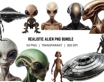 54 Aliens und UFOs PNG Bundle, Sci Fi Alien Clipart, Außerirdische PNG, UFO Raumschiff Clipart, Weltraumkreatur Bundle
