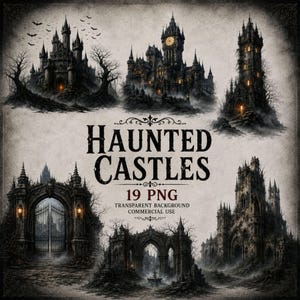 Puede incluir: Una colección digital de ilustraciones de castillos góticos oscuros con arquitectura de piedra, puertas arqueadas y árboles desnudos. El texto dice HAUNTED CASTLES 19 PNG TRANSPARENT BACKGROUND COMMERCIAL USE, sobre un fondo de papel texturizado y envejecido.