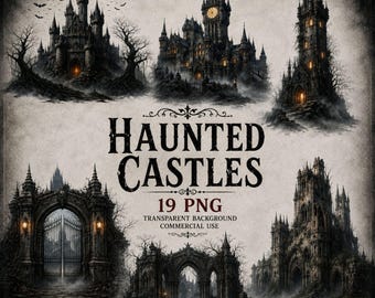 Haunted Castles PNG Bundle, Gothic Schloss Clipart, Dark Fantasy PNG, Halloween Gothic Architektur, Mittelalterliche Burg PNG