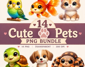 Cute Pets PNG Bundle, Kawaii Pet Clipart, Baby Animals PNG, Dog Cat Turtle Fish Bird Spider Clipart, Commercial Use, 14 PNG Files