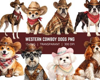 Cowboy Hund Clipart Bundle, westliche Tiere PNG, süße Hunde in Cowboyhüten PNG, Land Clipart, 15 PNG