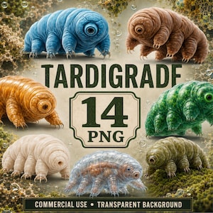 Könnte beinhalten: Eine digitale Sammlung von 14 Bärtierchen-Illustrationen in verschiedenen Farben, darunter Blau, Braun, Orange, Grün und durchscheinendes Weiß. Der zentrale Text lautet TARDIGRADE 14 PNG, mit dem Zusatz COMMERCIAL USE TRANSPARENT BACKGROUND am unteren Rand.