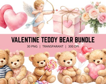 Valentinstag Teddybär Bundle PNG, Süßer Teddybär Clipart, Valentinstag PNG, Liebesbär Clipart, Romantisches Bundle, 30 PNG