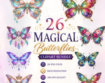 Paquete de imágenes prediseñadas de mariposas fantásticas, mariposas en acuarela PNG, imágenes prediseñadas de mariposas encantadas, mariposas mágicas, PNG transparente, 26 PNG
