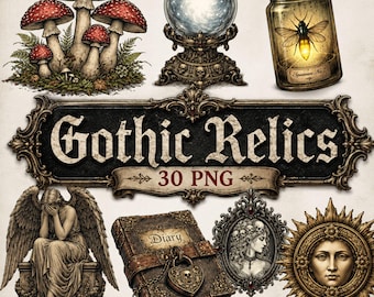 30 Gothic Relics PNG Bundle, Gothic Clipart, Dark Academia PNG, Vintage Gothic Ephemera, Crystal Ball, Angel Statue, Mushroom PNG