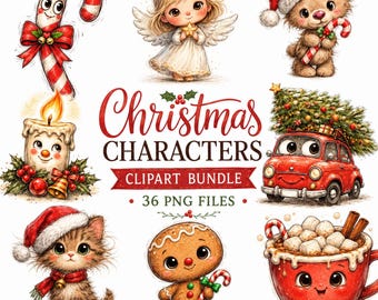 Paquete de imágenes prediseñadas de personajes navideños, imágenes PNG navideñas adorables, imágenes prediseñadas navideñas en acuarela, imágenes PNG navideñas kawaii, 36 archivos PNG