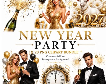 20 Neujahrsparty PNG-Bundle, Champagner Clipart, Feuerwerk PNG, 2027 Feier, Luxusurlaubsparty, Transparentes PNG