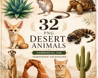 Bundle de cliparts animaux du désert, animal du désert PNG, Fennec Clipart renard, suricate, monstre de Gila, tortue, agave, cactus, clipart désert, 32 PNG