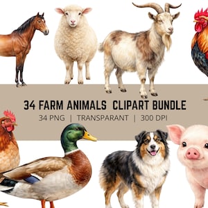 May include: A digital illustration featuring a brown horse, a white sheep, a goat with horns, and a colorful rooster. The image also includes a chicken, a duck, a dog, and a pig. Text reads "34 FARM ANIMALS CLIPART BUNDLE".
