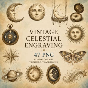 Op de afbeelding: Een verzameling vintage hemelse gravures met een maansikkel met een gezicht, een volle maan, een maan op een schommel, een kompas, een zon met een gezicht, een ster, een mot, een planeet met ringen en een vallende ster met de tekst VINTAGE CELESTIAL ENGRAVING 47 PNG.