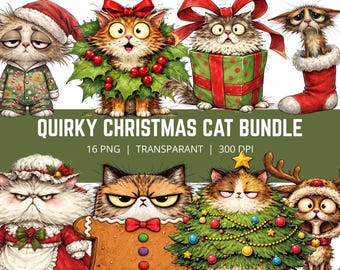 Schrulliges Weihnachtskatze PNG Bündel, lustige Weihnachtskatze Clipart, mürrische Katze PNG, süsse Feiertagskatze, Weihnachtskitty Bündel, 16 PNG