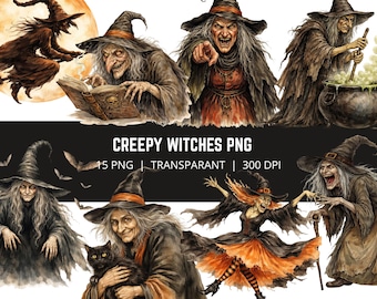 Gruselige Hexen PNG Bundle, Groteske Halloween Clipart, Dunkle Gothic Hexe PNG, Horror Fantasy Kunst, 15 PNG