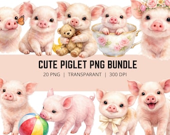 Niedliches Ferkel PNG Bundle, Baby Schwein Clipart, Ferkel PNG, Bauernhof Tier Clipart, süßes Schwein Illustration Bundle, 20 PNG