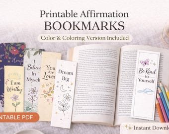 Marcapáginas con afirmaciones imprimibles / Marcapáginas para colorear en PDF / Marcapáginas con citas positivas