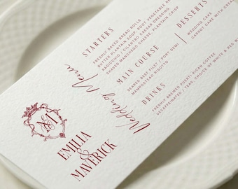 Custom Burgundy Monogram Crest Dinner Menu, Personalized Reception Stationery Printed Card