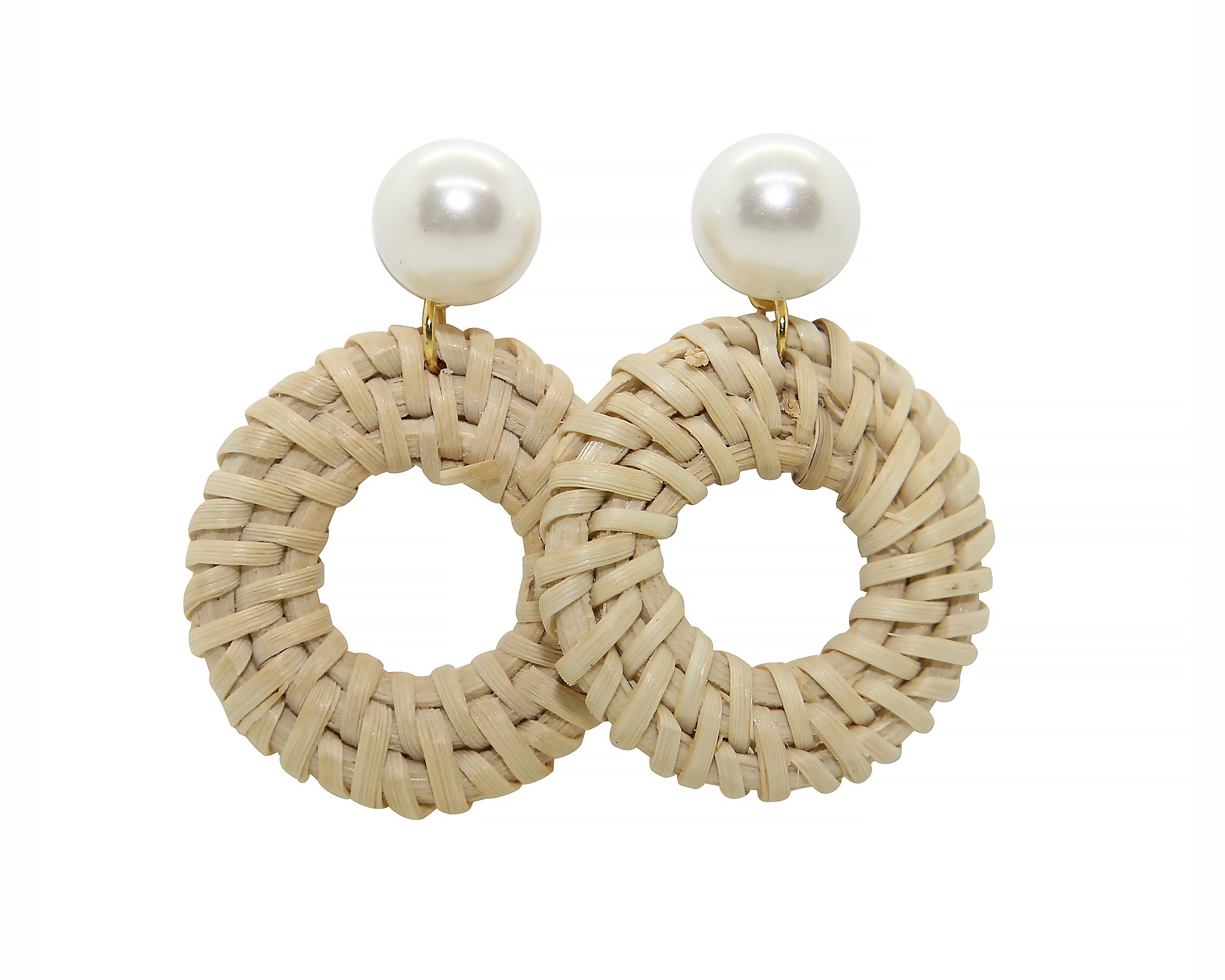 Rattan Earrings, Pearl Stud Earrings, Pearl Drop Earrings, Circle ...