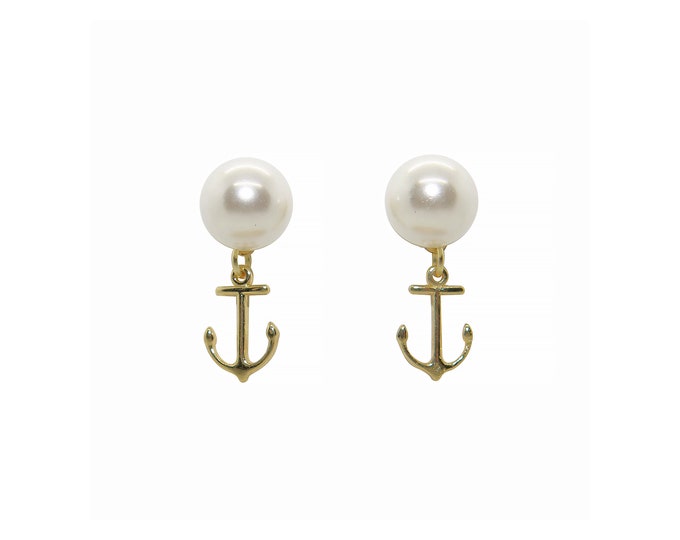 Featured listing image: Anchor Drop Earrings, Pearl Stud Earrings, Gold Anchor Earrings, Preppy earrings, nautical earrings, anchor stud earrings, spring earrings