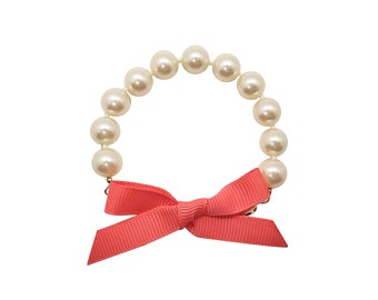 Coral bow bracelet, pearl bracelet, gifts for her, coral ribbon bracelet, preppy jewelry, bridesmaid gift, pink ribbon, spring bracelet