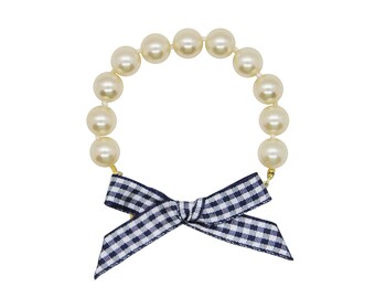 Gingham Pearl Bracelet, bow bracelet, nautical jewelry, gingham bracelet, preppy jewelry, blue gingham ribbon bracelet, spring bracelet