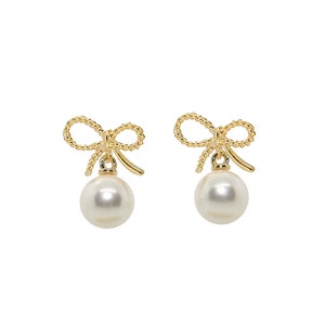 Gold Bow Earrings, Pearl Dangle Earrings, Pearl Drop Earrings, Party Earrings, pearl earrings, gold bow, ribbon earrings, gift for her