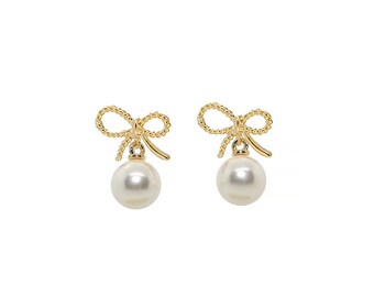 Gold Bow Earrings, Pearl Dangle Earrings, Pearl Drop Earrings, Party Earrings, pearl earrings, gold bow, ribbon earrings, gift for her
