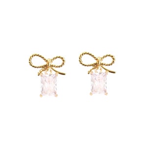Gold Bow Earrings, Sparkle Dangle Earrings, Cubic Zirconia Drop Earrings, Party Earrings, gold bow, ribbon earrings, gift for her