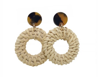 Rattan Earrings, Tortoise Stud Earrings, tortoise Drop Earrings, Circle Earrings, statement earrings, woven, spring earrings