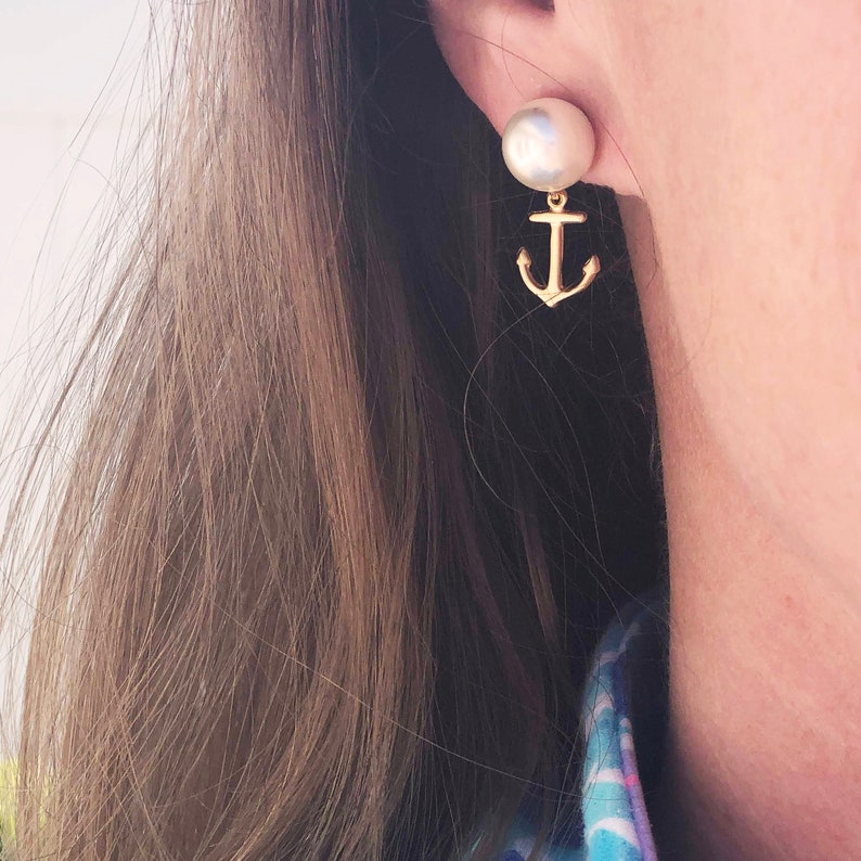 Anchor Drop Earrings, Pearl Stud Earrings, Gold Anchor Earrings, Preppy Earrings, Nautical
