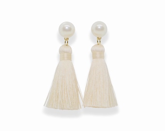 Ivory Tassel Earrings, Pearl Tassel Earrings, Silk Tassel Earrings, Cream Tassels, Cream Tassel Earring, trendy jewel, spring earrings