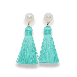 Aqua Silk Tassel Earrings: Pearl Drop, Gold Finish