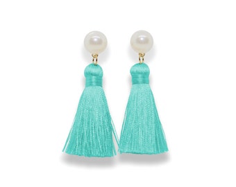 Turqoise Tassel Earrings, Pearl Tassel Earrings, aqua Tassel Earrings, turqoise Tassel, Silk Tassel Earring, blue tassel, spring earrings