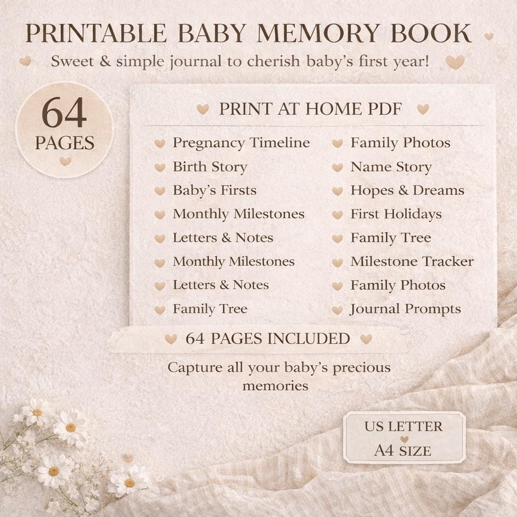 Baby Memory Book Printable, First Year Milestones, Keepsake Journal ...