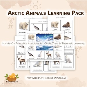 May include: A collection of printable Arctic animal learning cards. The cards feature illustrations of polar bears, walruses, narwhals, and other arctic animals. The text on the cards includes "Arctic Animals Learning Pack" and "Hands-On Printable Activities for Circle Time & Thematic Learning."