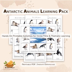 May include: A set of printable educational cards focusing on Antarctic animals. The cards display images of penguins, seals, and whales, with text including "Antarctic Animals Learning Pack" and "Who Lives in the Antarctic?" Designed for circle time and thematic learning.