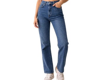 Jeans Kirkland para mujer, de mezclilla recta de tiro alto (039). Idea de regalo personalizada.