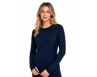 Top azul oscuro de manga larga para mujer Lole, mezcla de lana merino Baselaye (070). Idea de regalo personalizada.