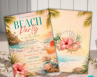 Einladung zur Strandparty, Tropische Sommerfeier, Küsten-Luau-Einladung, bearbeitbare Canva-Vorlage, digitaler Sofort-Download, Größe 5x7