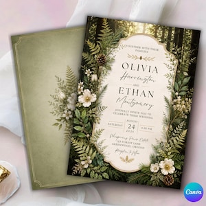 May include: A wedding invitation card featuring a cream-colored central panel with black text, surrounded by a botanical border of green ferns, pine needles, white flowers, and pinecones. The text includes names Olivia Harrington and Ethan Montgomery.