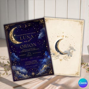 Celestial Wedding Invitation, Moon Stars Galaxy Theme, Editable Canva Template (5x7)