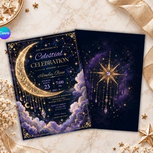 Celestial Birthday Invitation, Moon Stars Party Invite, Cosmic Galaxy Celebration, Editable Canva Template, Digital Download