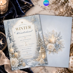 Uitnodiging voor een winterwonderlandfeest, elegante sneeuwparty, blauwzilveren feestuitnodiging (digitale download)