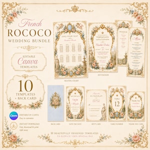 May include: A collection of ten French Rococo wedding stationery templates featuring ornate gold frames, floral illustrations, and cherub motifs. The set includes a seating chart, invitation, program, menu, back card, save the date, RSVP card, table number, and thank you card.