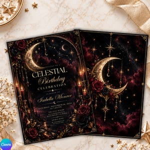 Könnte beinhalten: Eine rechteckige Einladungskarte mit dunklem Himmelsmotiv, goldenem Halbmond, tiefroten Rosen und leuchtenden Sternen vor einem schwarzen und burgunderroten Nebelhintergrund. Der Text lautet CELESTIAL Birthday CELEBRATION zu Ehren von Isabella Monroe.