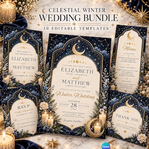 Celestial Winter Wedding Bundle, Moon Stars Stationery Suite, Editable Canva Templates, 10-Piece Wedding Set